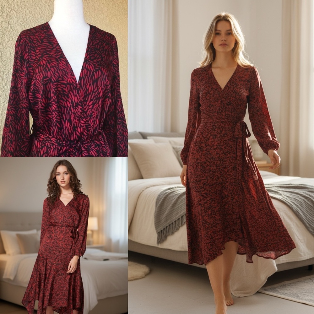 Vince‎ Camuto Drifting Petals Hammered Satin Wrap Dress S Floral Midi Pre-Owned